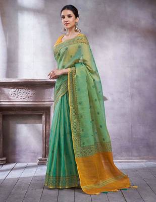 Teal women ethnic motifs linen blend paithani saree 3