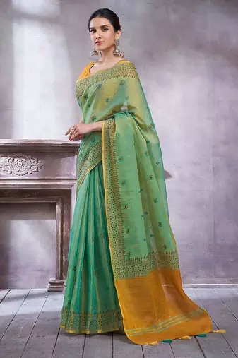 Teal women ethnic motifs linen blend paithani saree