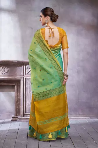 Teal women ethnic motifs linen blend paithani saree