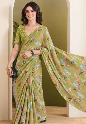 Mehndi green abstract printed pure georgette ready to wear saree 4
