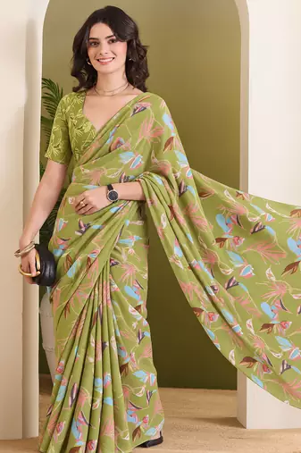 Mehndi green abstract printed pure georgette ready to wear saree