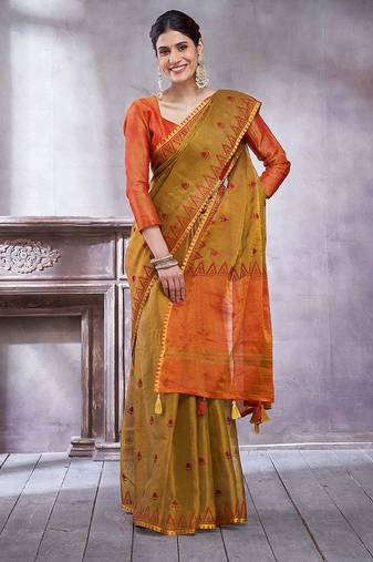 Mustard women ethnic motifs linen blend designer paithani saree