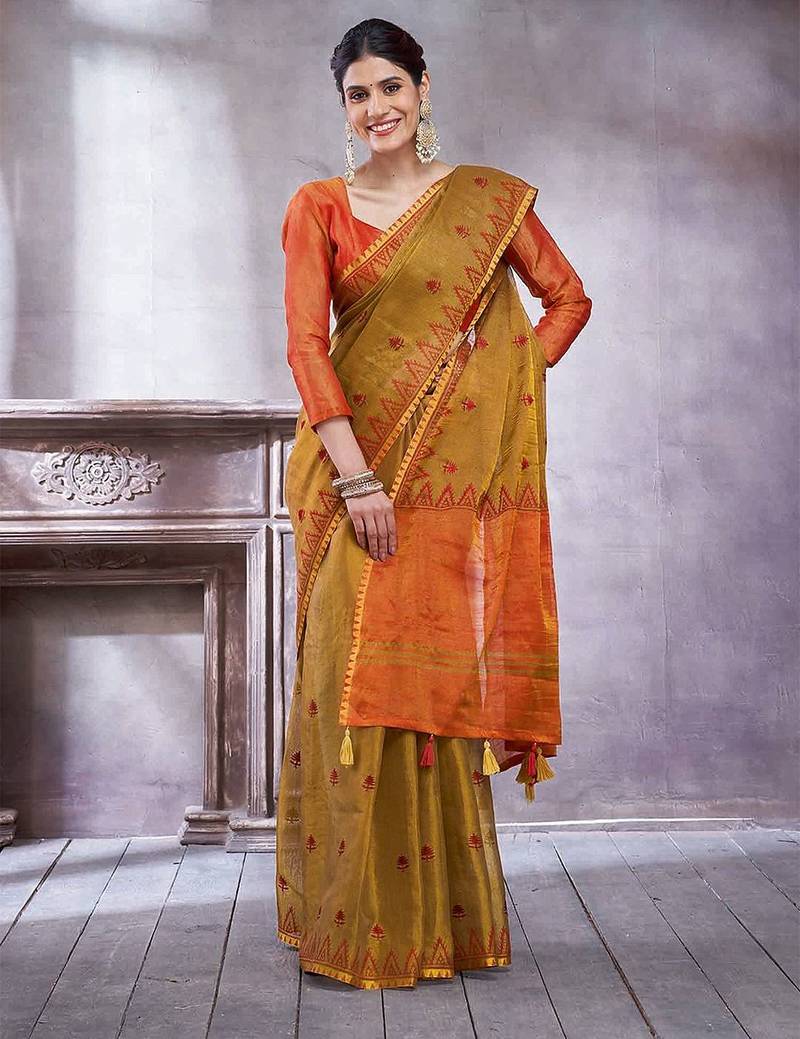 Mustard women ethnic motifs linen blend designer paithani saree