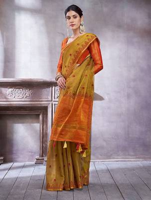 Mustard women ethnic motifs linen blend designer paithani saree 2