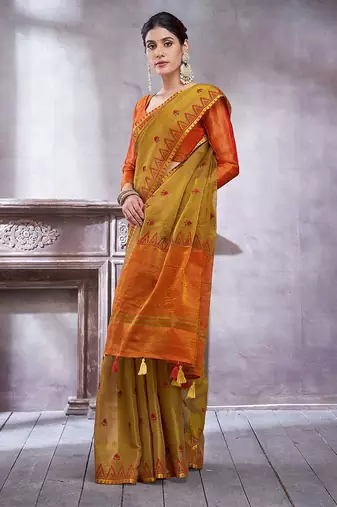 Mustard women ethnic motifs linen blend designer paithani saree
