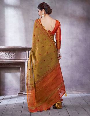 Mustard women ethnic motifs linen blend designer paithani saree 3
