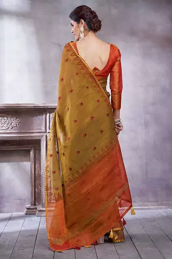 Mustard women ethnic motifs linen blend designer paithani saree