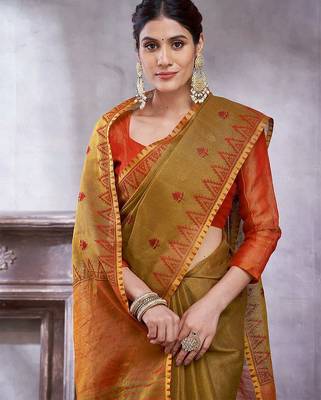 Mustard women ethnic motifs linen blend designer paithani saree 4