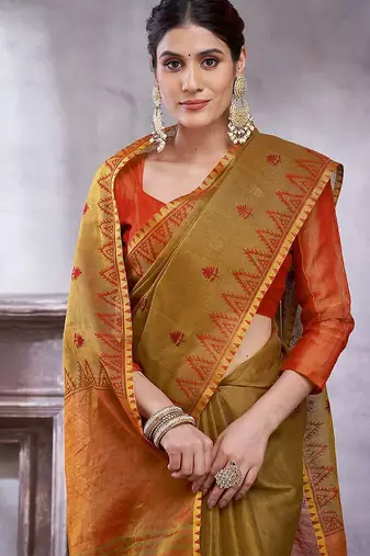 Mustard women ethnic motifs linen blend designer paithani saree