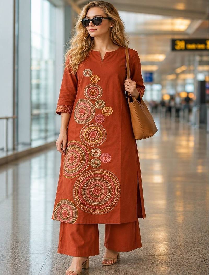 women embroidered regular thread work  cotton kurta with palazzos