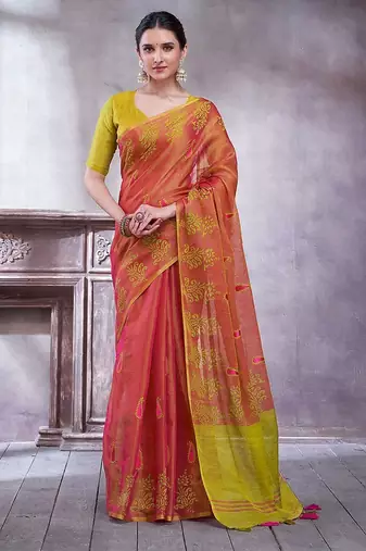 Pink ethnic motifs printed linen blend saree