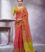 Pink ethnic motifs printed linen blend saree