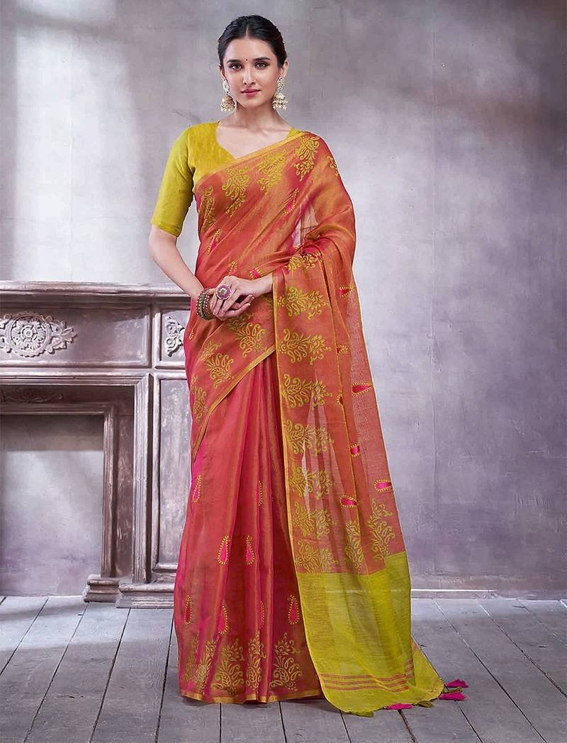 Pink ethnic motifs printed linen blend saree