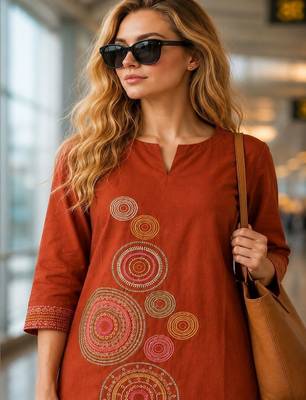 women embroidered regular thread work  cotton kurta with palazzos 2