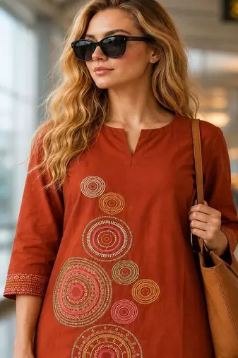 women embroidered regular thread work  cotton kurta with palazzos