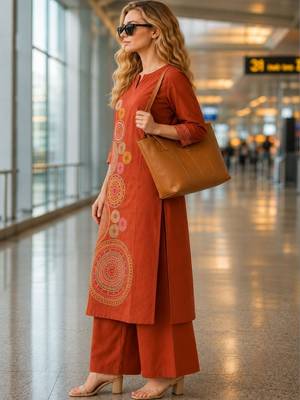 women embroidered regular thread work  cotton kurta with palazzos 3