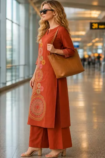 women embroidered regular thread work  cotton kurta with palazzos