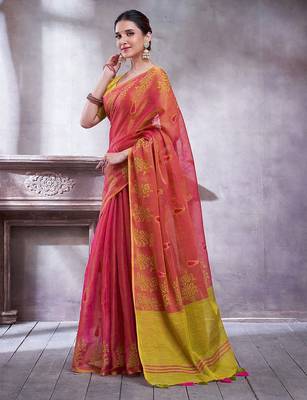 Pink ethnic motifs printed linen blend saree 2