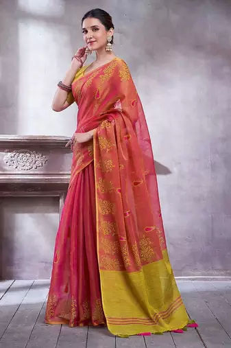 Pink ethnic motifs printed linen blend saree