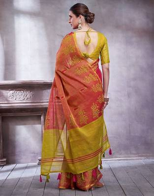 Pink ethnic motifs printed linen blend saree 3