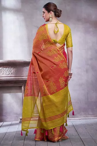 Pink ethnic motifs printed linen blend saree