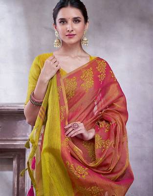 Pink ethnic motifs printed linen blend saree 4