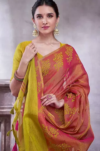 Pink ethnic motifs printed linen blend saree