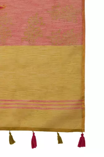 Pink ethnic motifs printed linen blend saree
