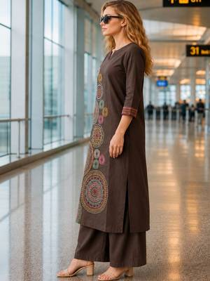 women ethnic motifs embroidered regular thread work  cotton kurta with palazzos 3