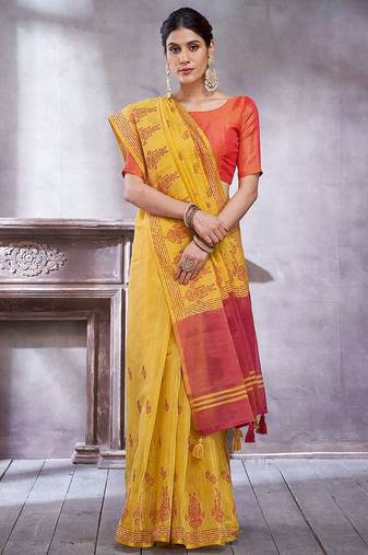 Yellow women ethnic motifs linen blend designer paithani saree