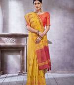 Yellow women ethnic motifs linen blend designer paithani saree