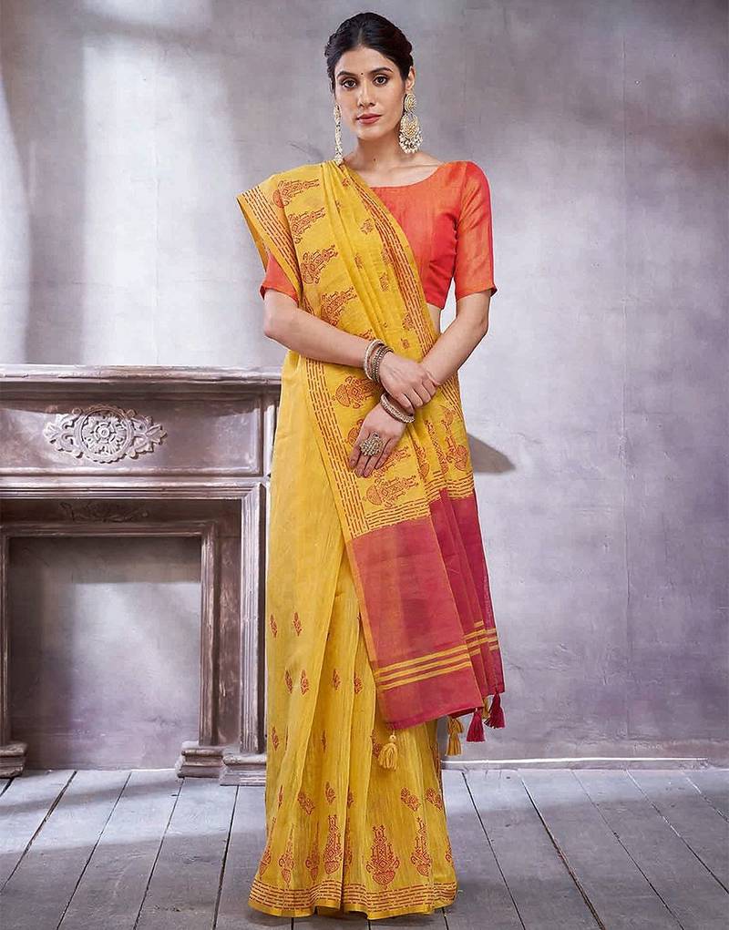 Yellow women ethnic motifs linen blend designer paithani saree