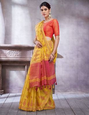 Yellow women ethnic motifs linen blend designer paithani saree 2
