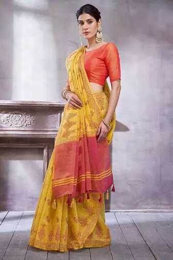 Yellow women ethnic motifs linen blend designer paithani saree