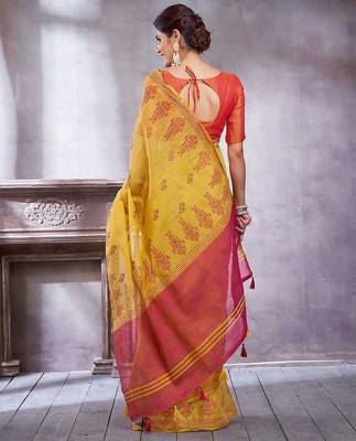 Yellow women ethnic motifs linen blend designer paithani saree 3