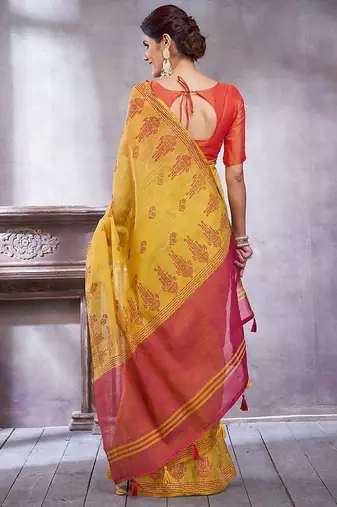 Yellow women ethnic motifs linen blend designer paithani saree