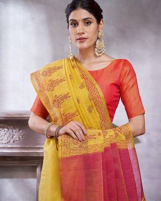 Yellow women ethnic motifs linen blend designer paithani saree 4