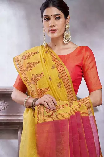 Yellow women ethnic motifs linen blend designer paithani saree