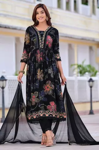 women floral printed regular thread work kurta with trousers & with dupatta