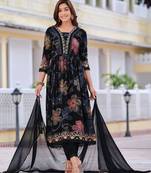 women floral printed regular thread work kurta with trousers & with dupatta