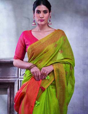 Green ethnic motifs linen blend designer paithani saree 1