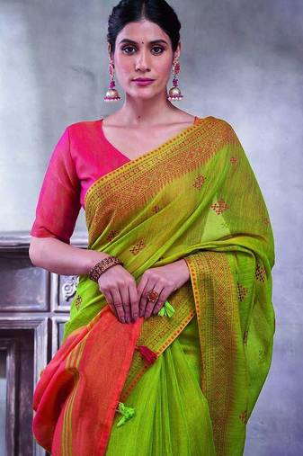 Green ethnic motifs linen blend designer paithani saree