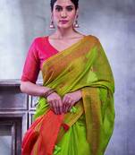 Green ethnic motifs linen blend designer paithani saree