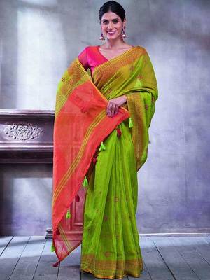 Green ethnic motifs linen blend designer paithani saree 2