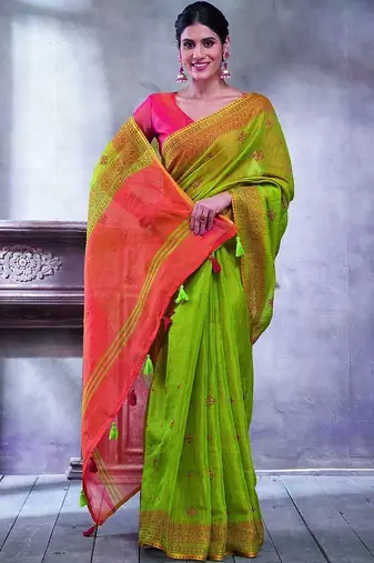 Green ethnic motifs linen blend designer paithani saree
