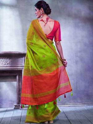 Green ethnic motifs linen blend designer paithani saree 3