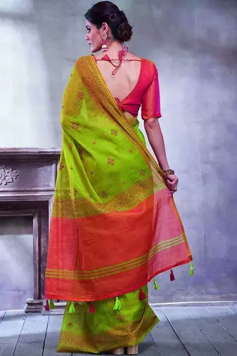 Green ethnic motifs linen blend designer paithani saree