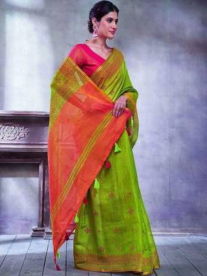 Green ethnic motifs linen blend designer paithani saree 5