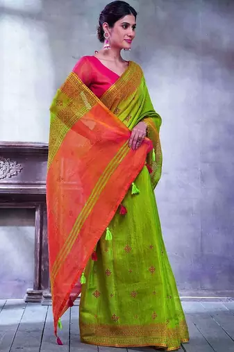 Green ethnic motifs linen blend designer paithani saree