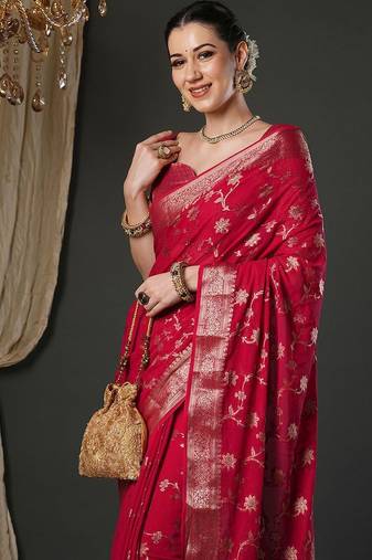 Pink woven design zari  georgette kanjeevaram saree